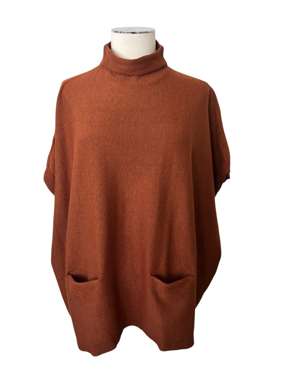 RETROD Women's Oversized Rust Turtleneck Pocket Sweater Poncho